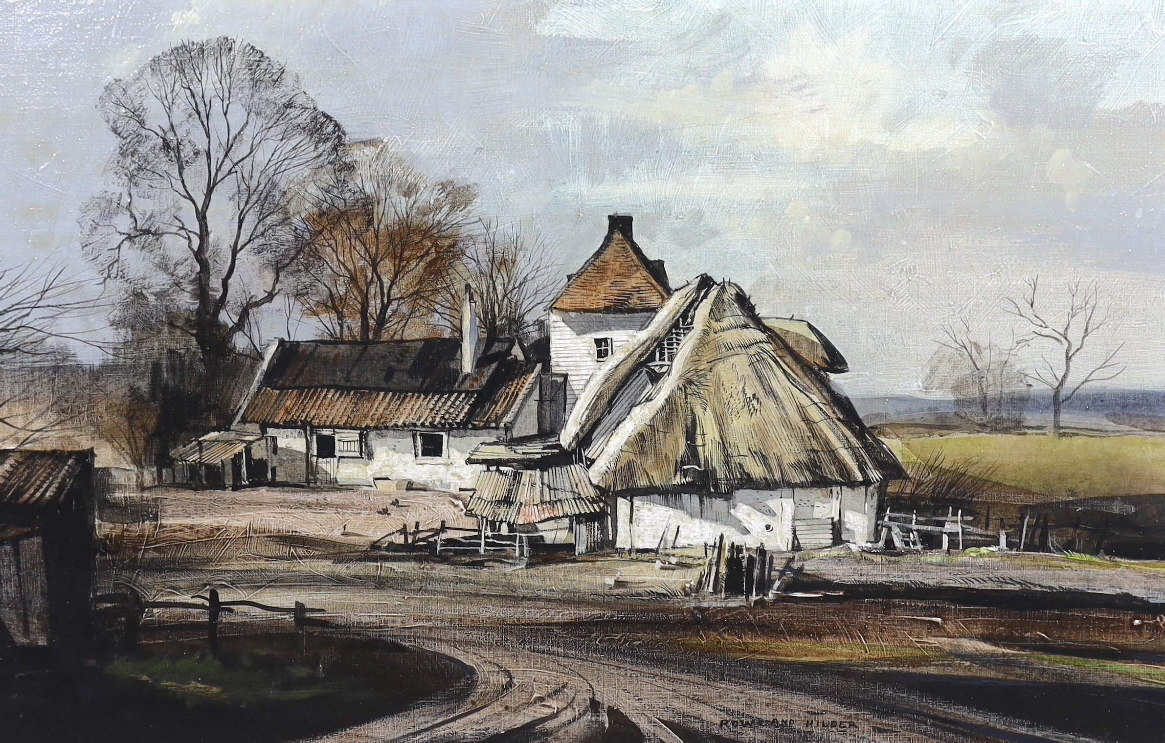 Rowland Hilder OBE (English, 1905-1993), Thatched farmhouse in a landscape, oil on canvas, 39 x 59cm